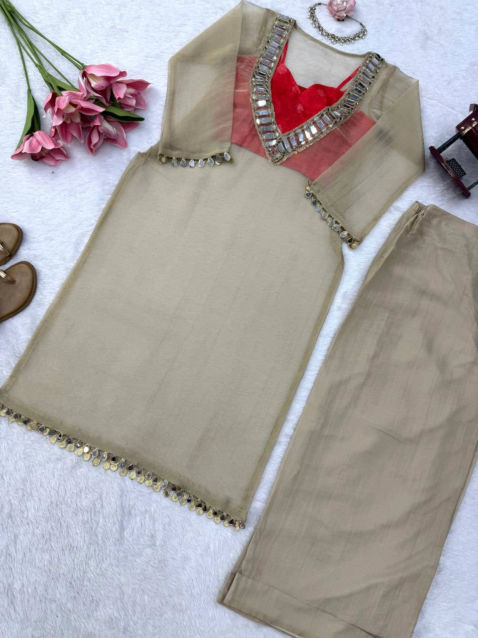 Beige Mirror Work Suit flat lay Palazzo and hem trim – Kalyanja KU293