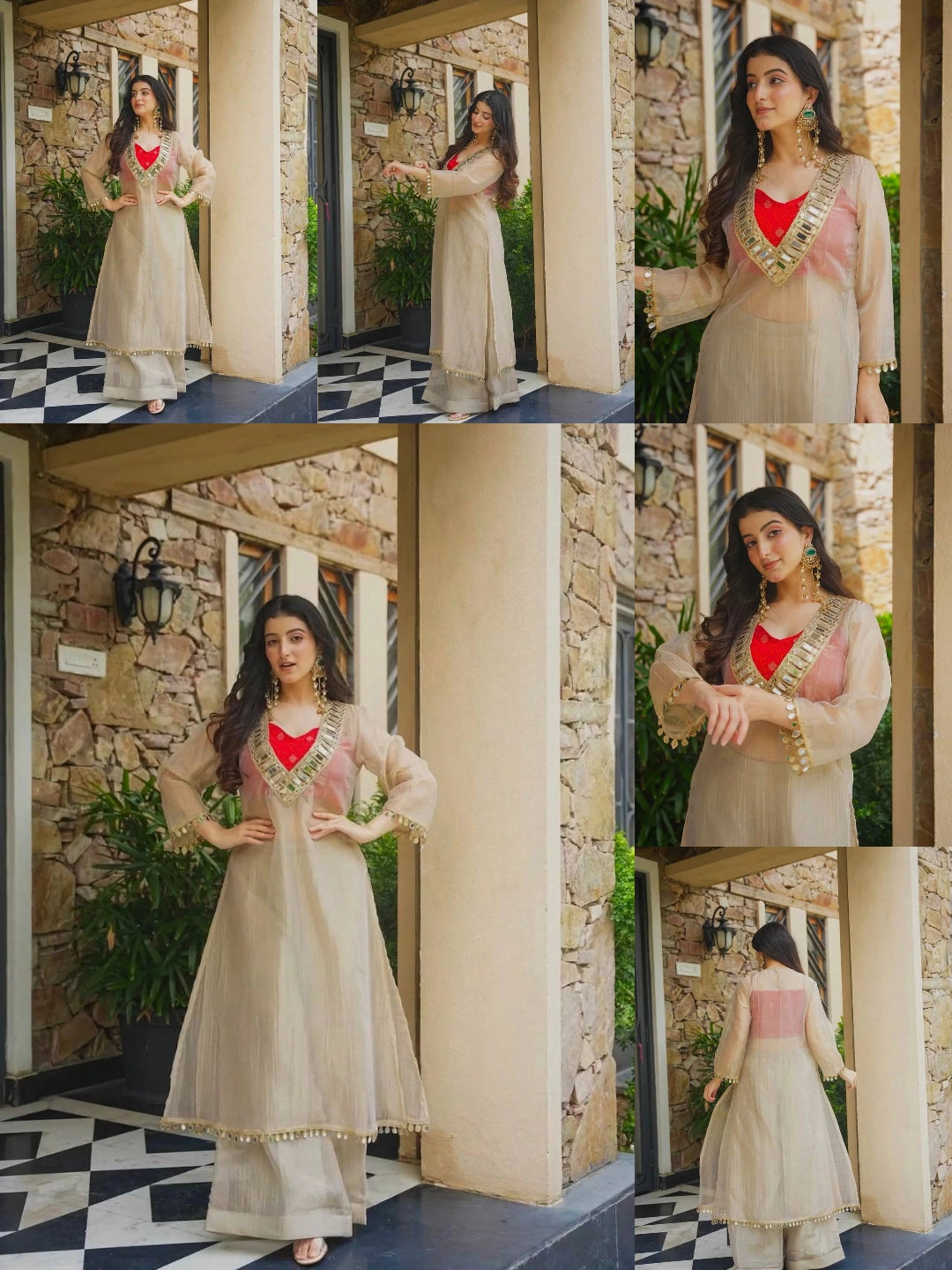 Beige Mirror Work Suit catalog collage – Kalyanja KU293