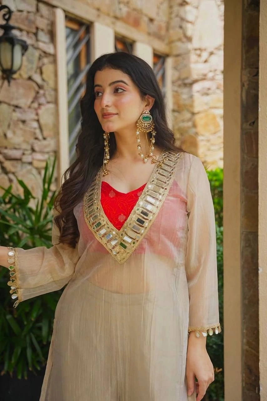 Beige Mirror Work Suit close-up Deep V-Neck mirror embellishment – Kalyanja KU293