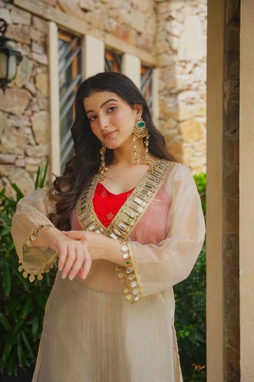 Beige Mirror Work Suit portrait model smiling mirror neckline detail – Kalyanja KU293