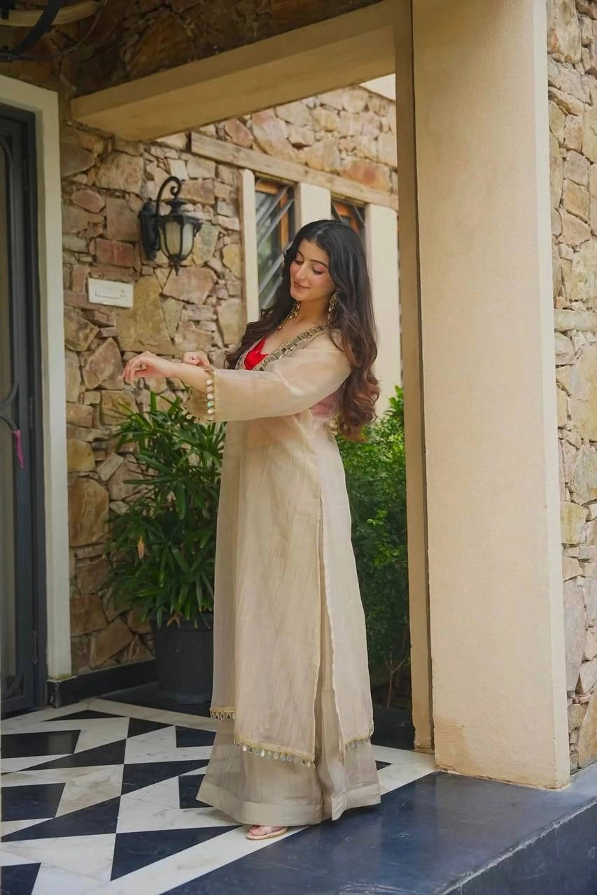 Beige Mirror Work Suit side angle showing Palazzo and coin trim – Kalyanja KU293