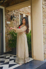 Beige Mirror Work Suit side angle showing Palazzo and coin trim – Kalyanja KU293