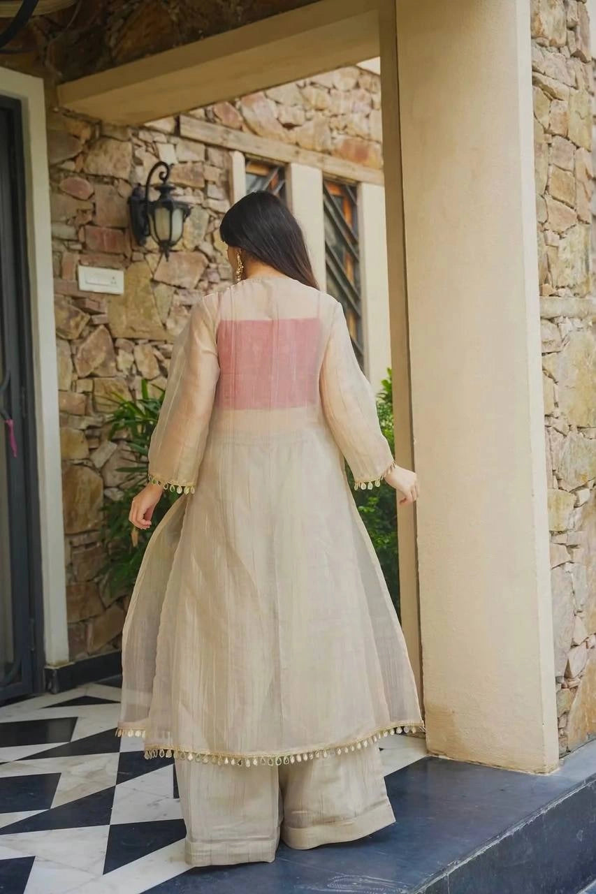 Beige Mirror Work Suit back view sheer overlay with red innertube – Kalyanja KU293