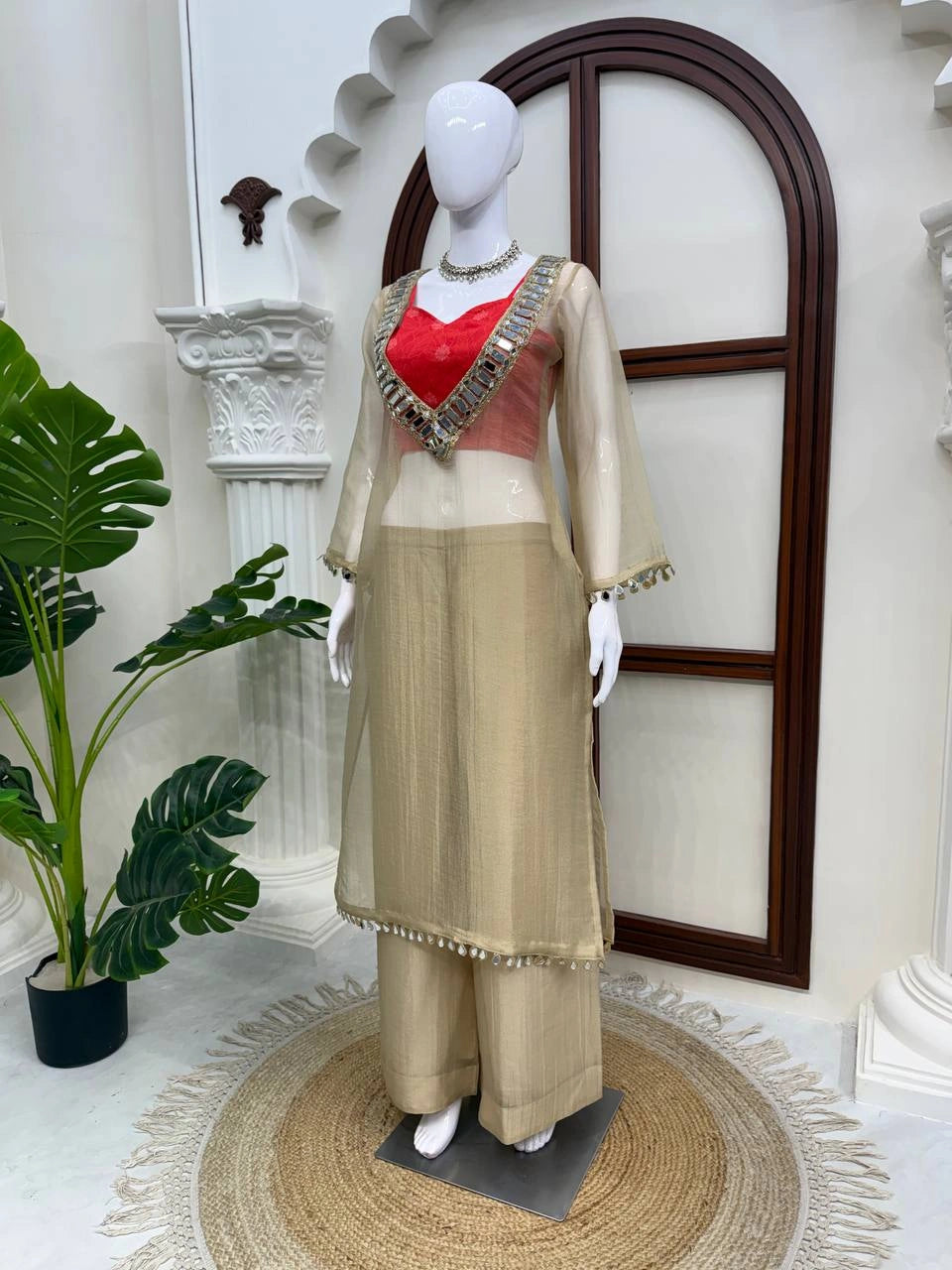Beige Mirror Work Suit mannequin front side angle – Kalyanja KU293
