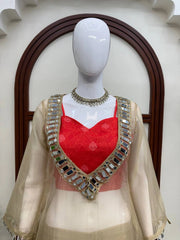 Beige Mirror Work Suit mannequin close-up mirror V-neckline and red innertube – Kalyanja KU293