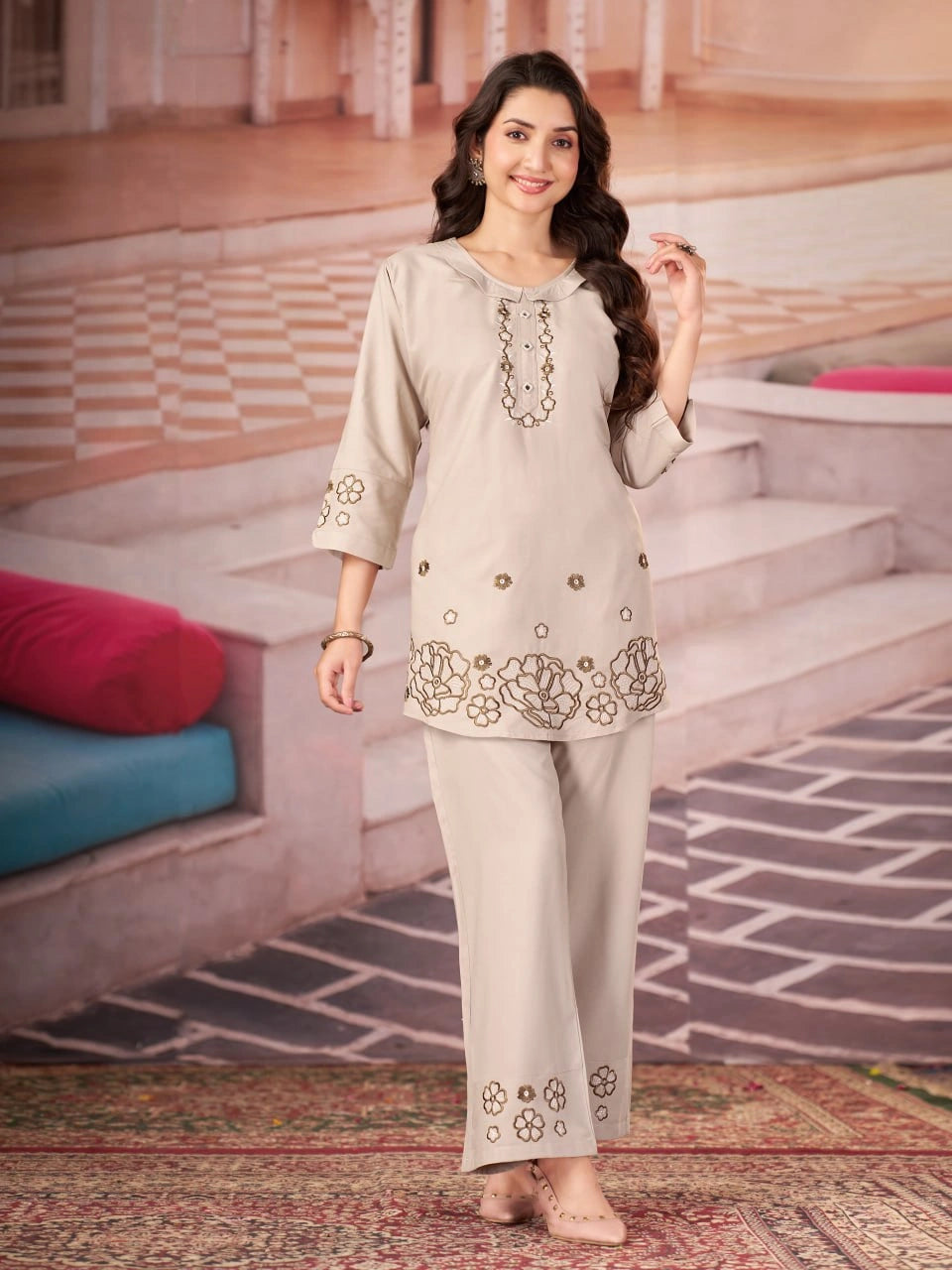 beige multi thread embroidered coord set kalyanja kc13 front full model
