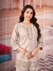 beige multi thread embroidered coord set kalyanja kc13 side front angle