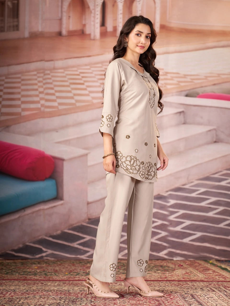 beige multi thread embroidered coord set kalyanja kc13 front alt angle