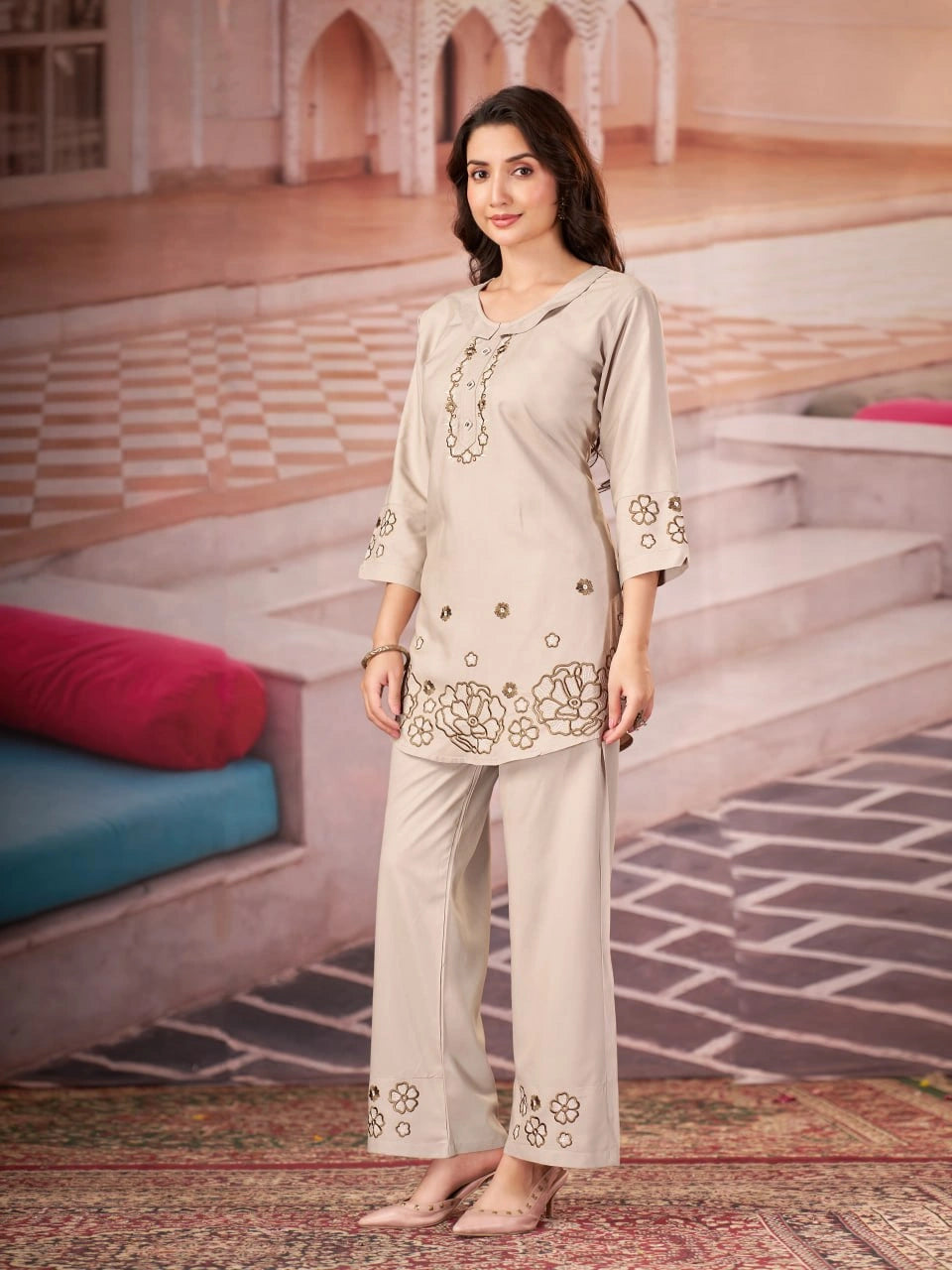 beige multi thread embroidered coord set kalyanja kc13 model with bag