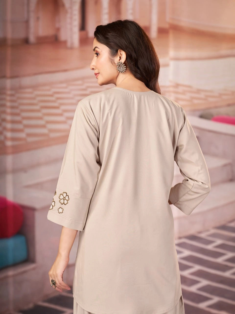 beige multi thread embroidered coord set kalyanja kc13 back view upper body