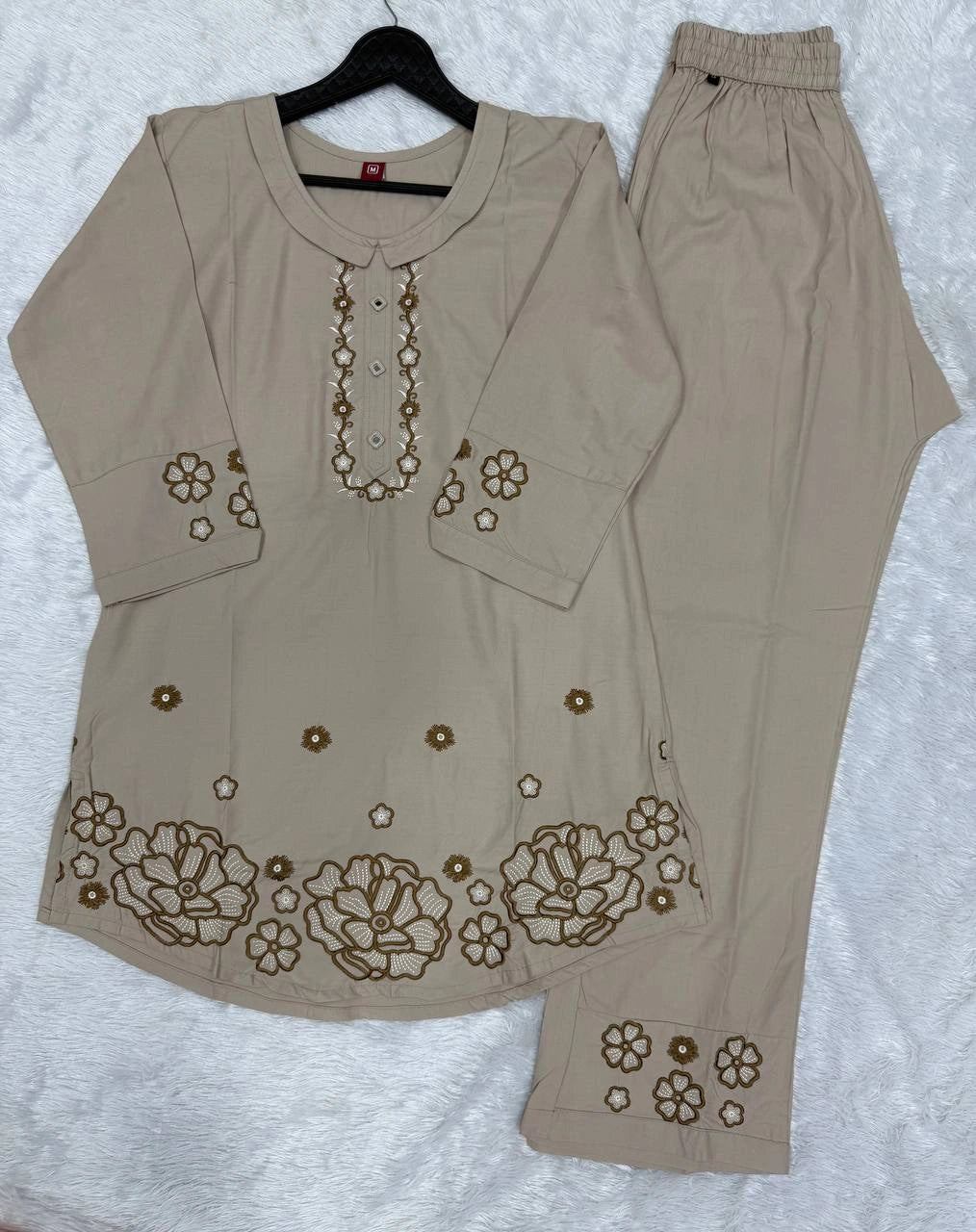 beige multi thread embroidered coord set kalyanja kc13 flat lay top and pant