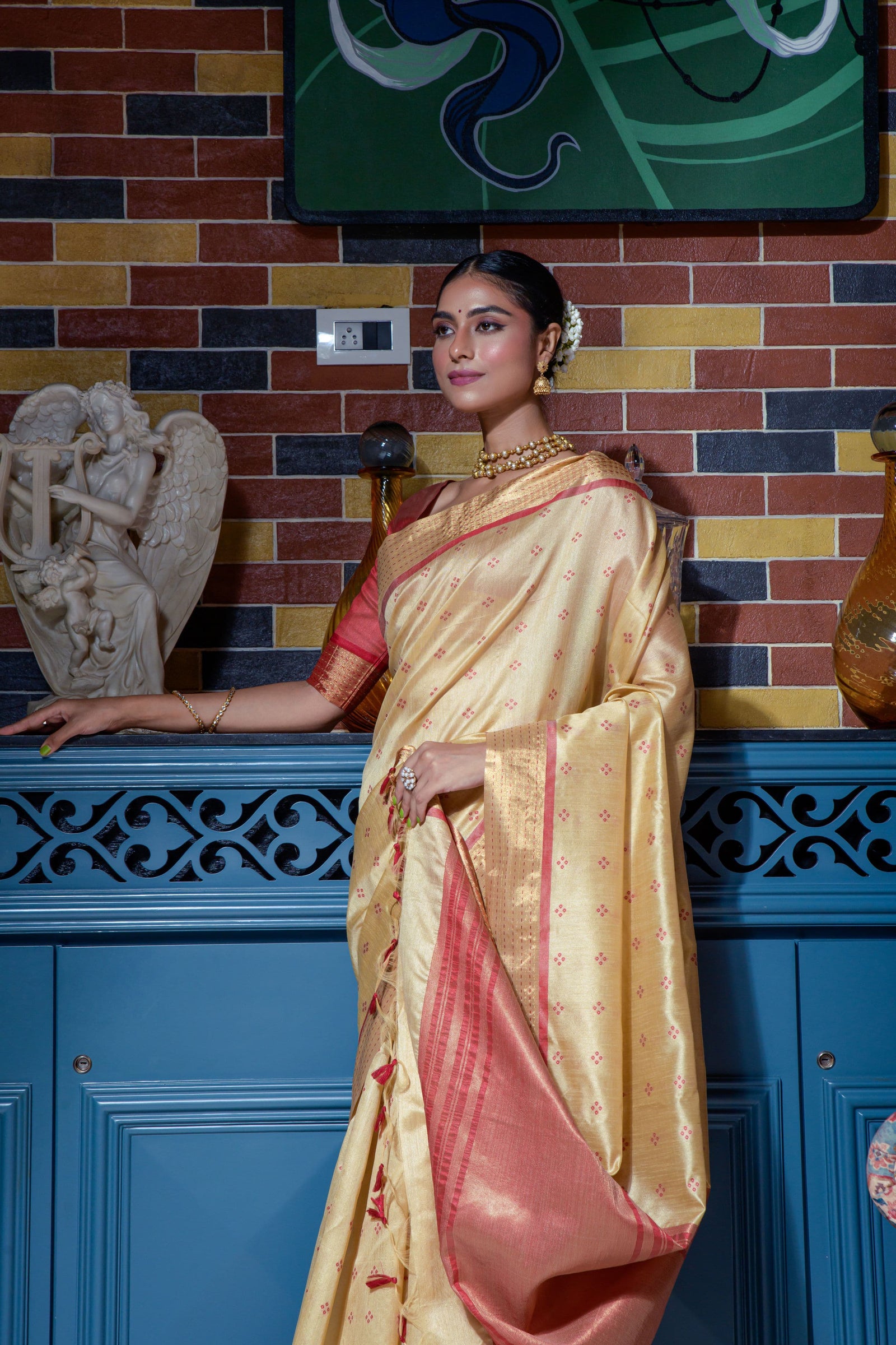 Beige Zari Work Soft Tussar Silk Saree - kalyanja