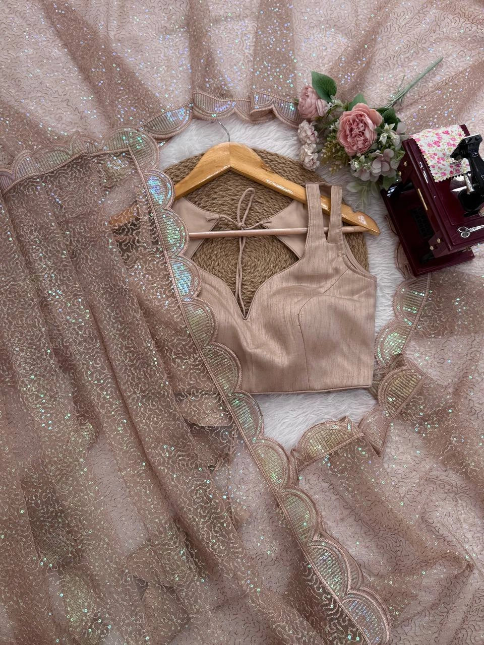 Beige Sequins Saree Flat Lay – Blouse and Scallop Border