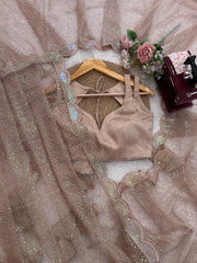 Beige Sequins Saree Flat Lay – Blouse and Scallop Border