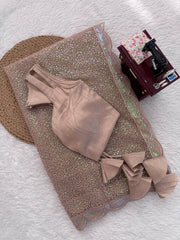 Beige Embroidered Net Saree Flat Lay – Complete Set
