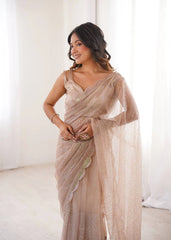 Beige Net Saree with Sequins and Thread Work – Heavy Party Wear