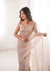 Soft Net Beige Saree with Embroidered Scallop Border