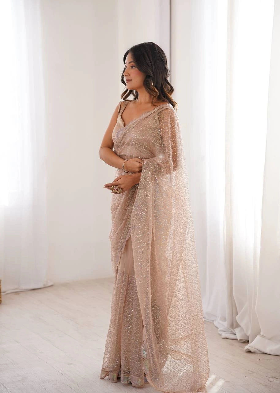 Beige Heavy Work Saree Side View – Sequins Net Party Saree