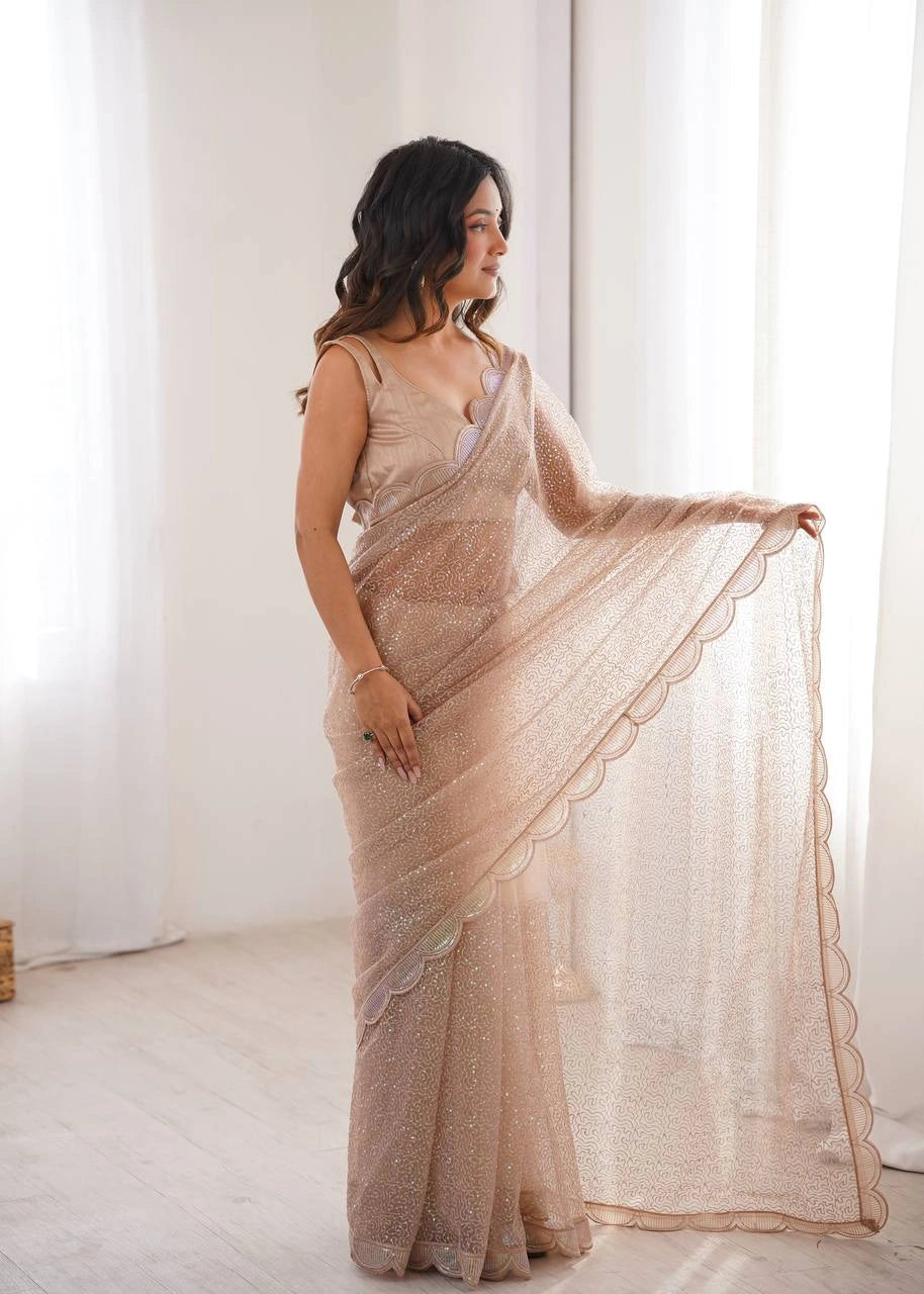 Beige Net Saree with Pallu Detail – Sequins Thread Work