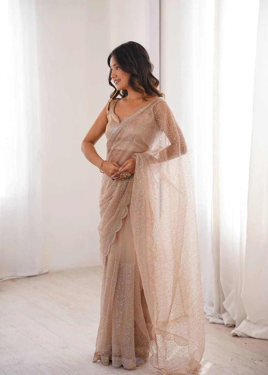 Beige Party Saree – Soft Net with All-Over Sequins Work