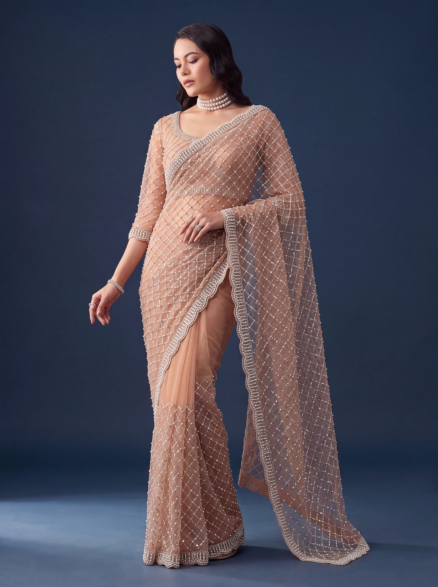 Beige Sequins Embroidered Saree – Net Beads Pearls Work front view – KS397