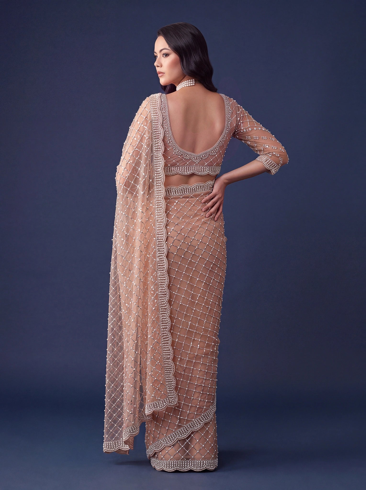 Beige Sequins Embroidered Saree – back pallu view – KS397