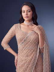 Beige Sequins Embroidered Saree – upper body detail – KS397