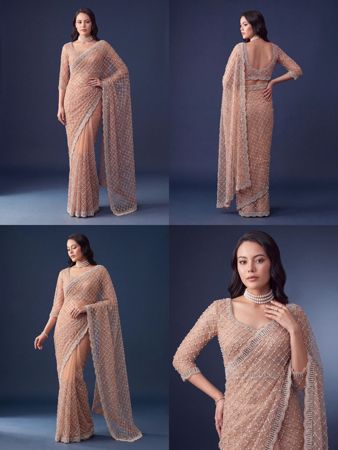 Beige Sequins Embroidered Saree – Embroidered Scallop Border close-up – KS397