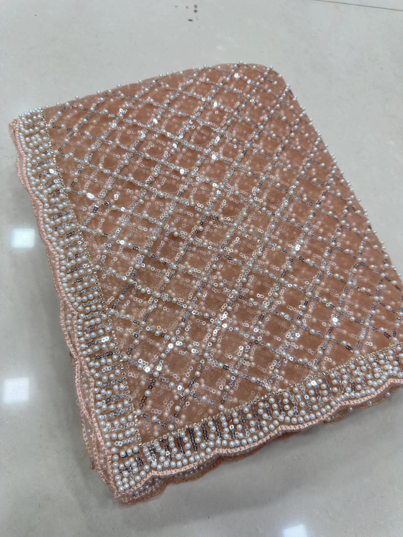 Beige Sequins Embroidered Saree – fabric flat lay – KS397