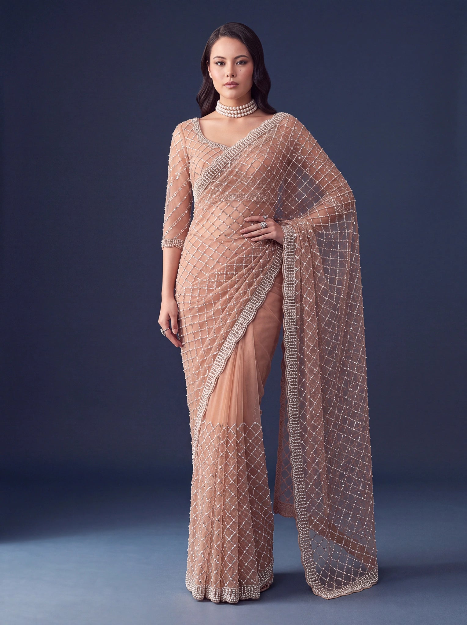 Beige Sequins Embroidered Saree – blouse piece detail – KS397