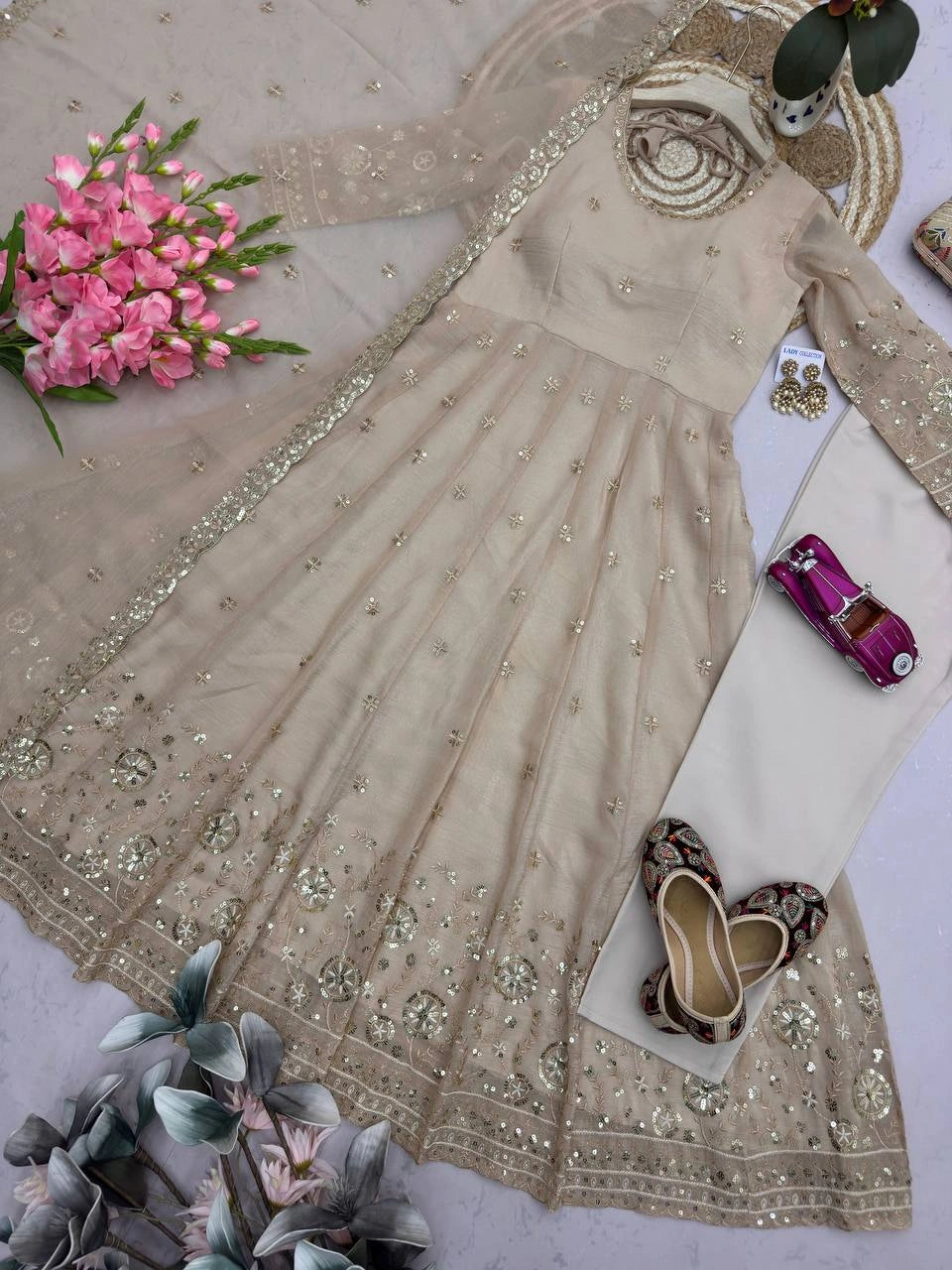 Beige Sequins Embroidered Suit Front View – Crunchy Silk Blend | Kalyanja KU309
