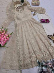 Beige Sequins Embroidered Suit Second Pose with Dupatta