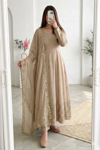 Beige Sequins Embroidered Suit – Crunchy Silk Blend, Full Sleeve, Round Neck