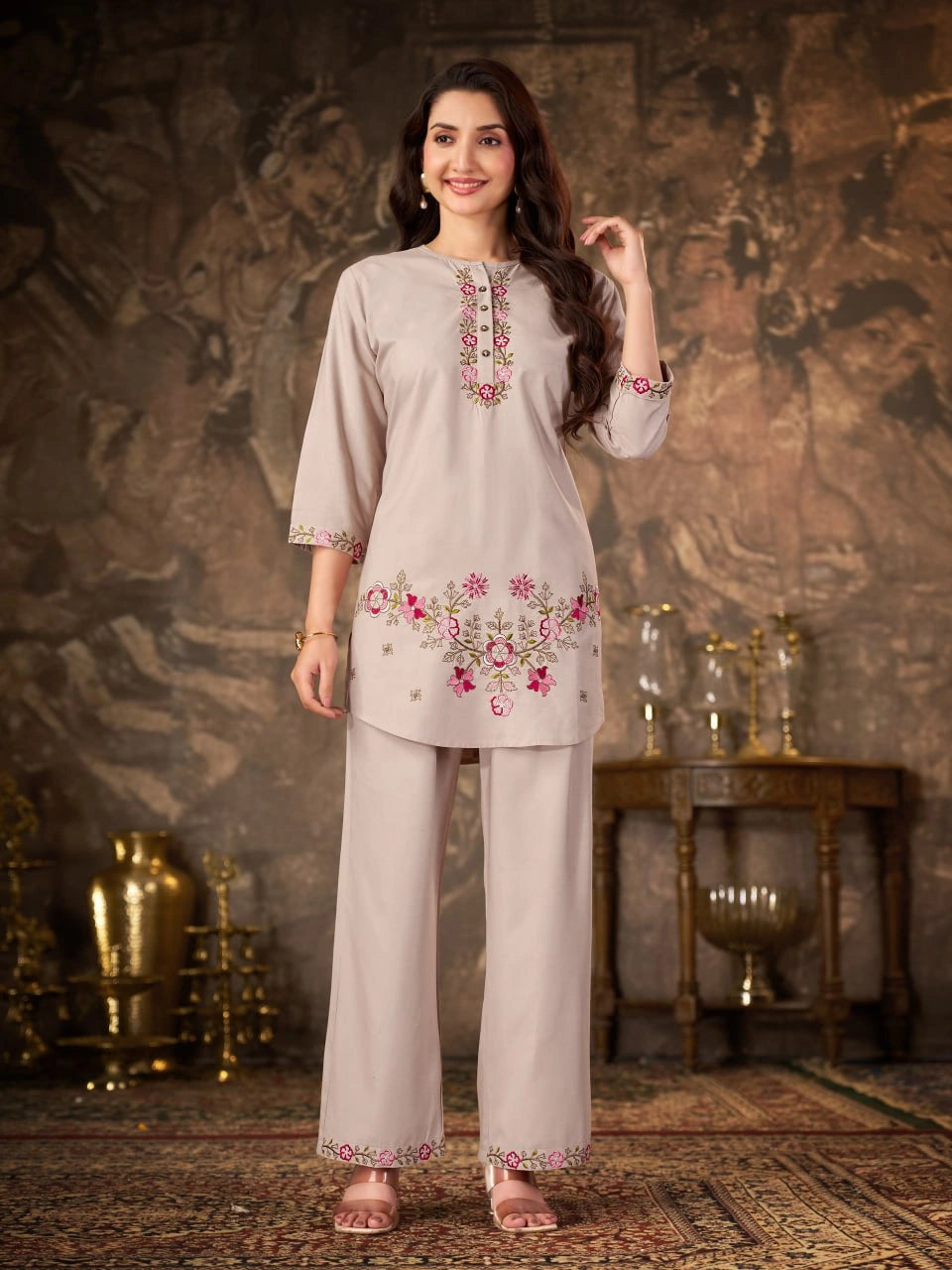 Beige Thread Embroidered Coord Set full length front model Kalyanja KC22