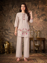 Beige Thread Embroidered Coord Set full length front model Kalyanja KC22