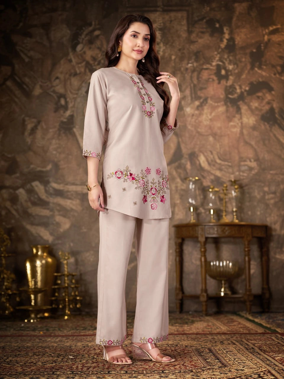Beige Thread Embroidered Coord Set side angle full length Kalyanja KC22