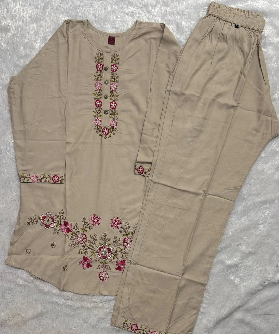 Beige Thread Embroidered Coord Set pocket detail Kalyanja KC22