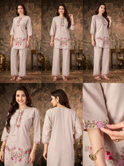 Beige Thread Embroidered Coord Set multiple views collage Kalyanja KC22
