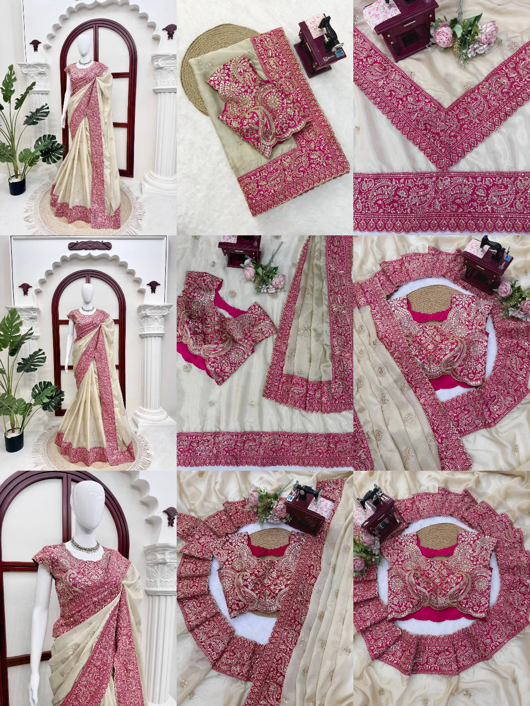 Beige Thread Sequins Work Saree – Full Detail Kalyanja KS404