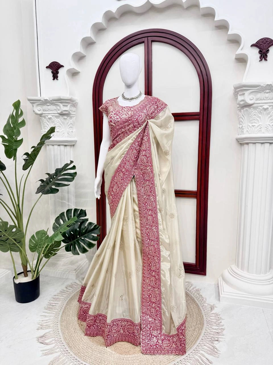 Beige Thread with Sequins Work Saree – Full Mannequin View Kalyanja KS404