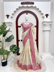 Beige Organza Silk Saree Thread Sequins Work – Contrast Border KS404