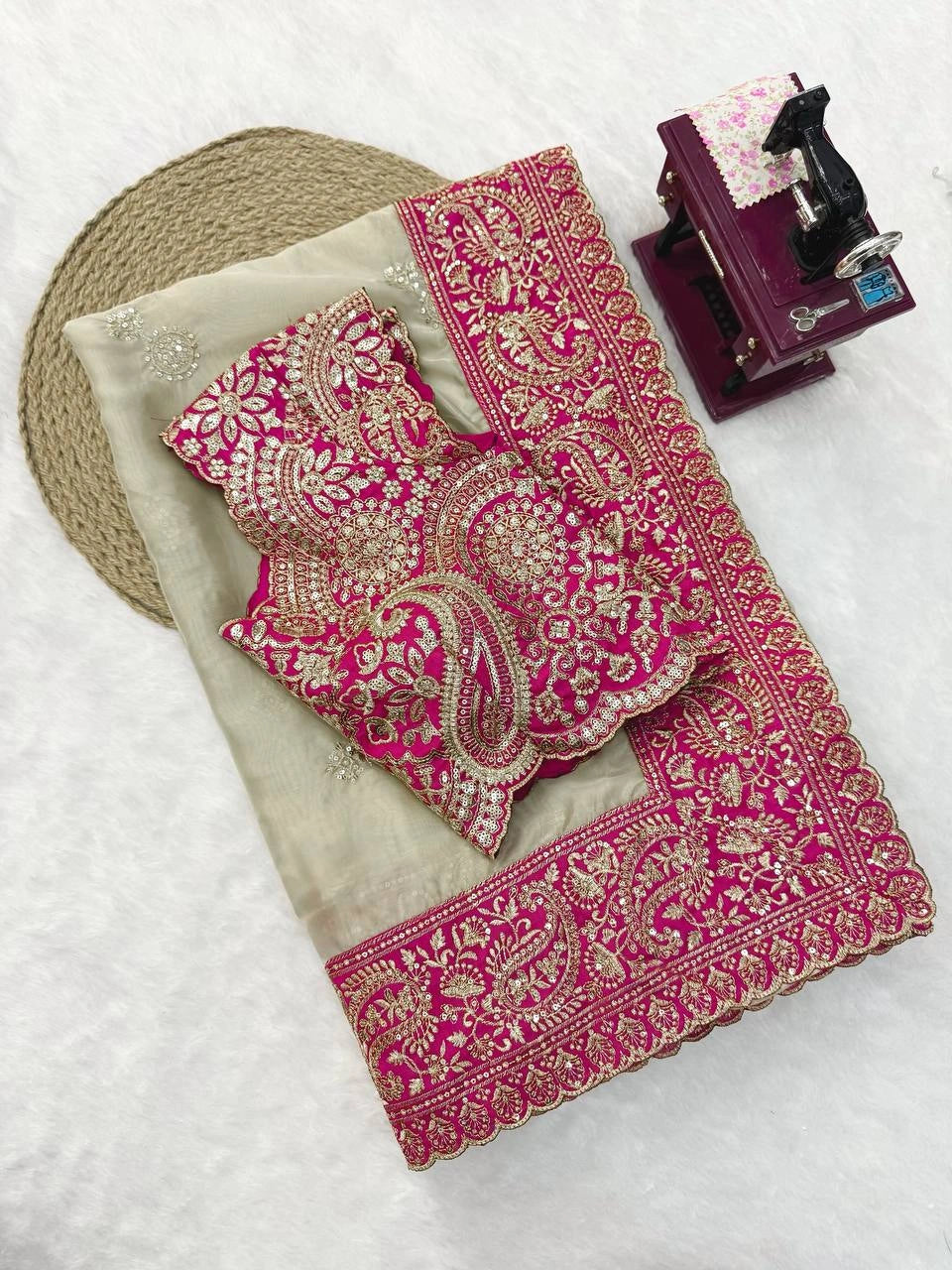 Beige Thread with Sequins Work Saree – Mannequin Side View Kalyanja KS404