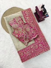 Beige Thread with Sequins Work Saree – Mannequin Side View Kalyanja KS404