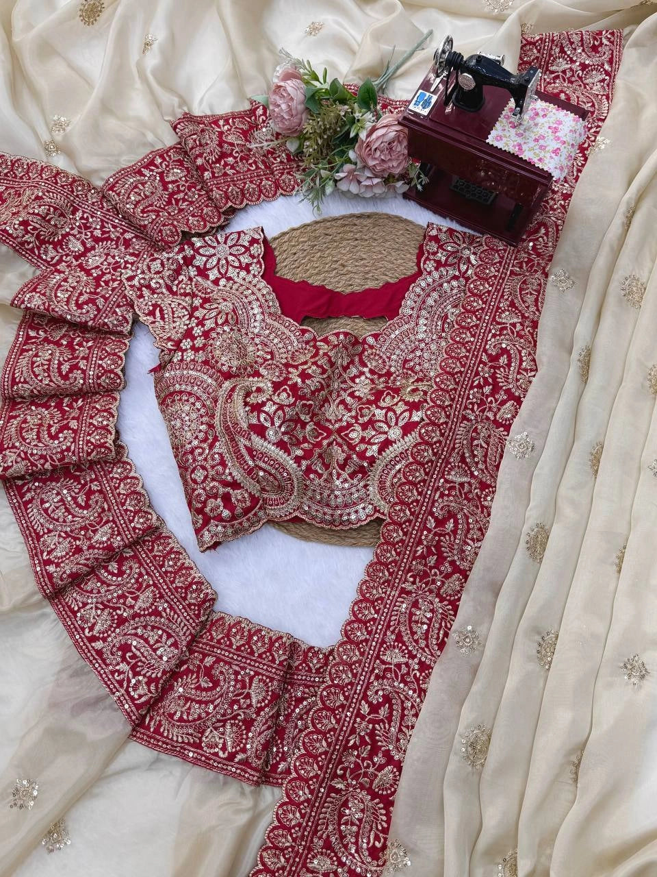 Beige Saree Thread Sequins Work – Embroidered Scallop Border KS404 Kalyanja