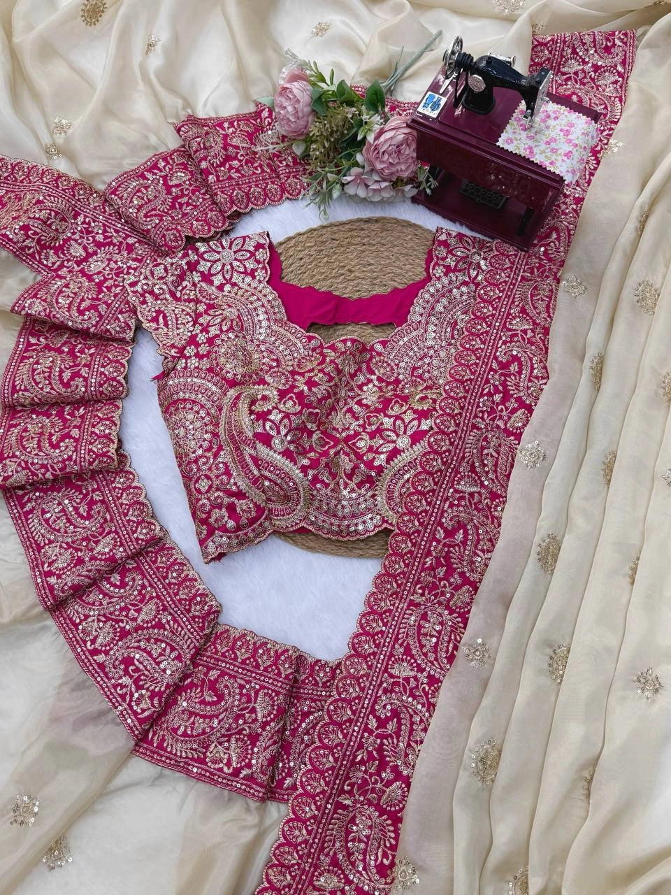 Beige Organza Silk Blend Saree – Pink Contrast Border View KS404