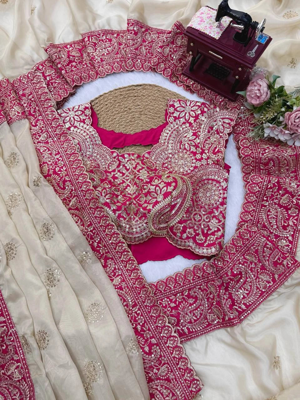 Beige Thread Sequins Work Saree Kalyanja – Scallop Border Close-up KS404