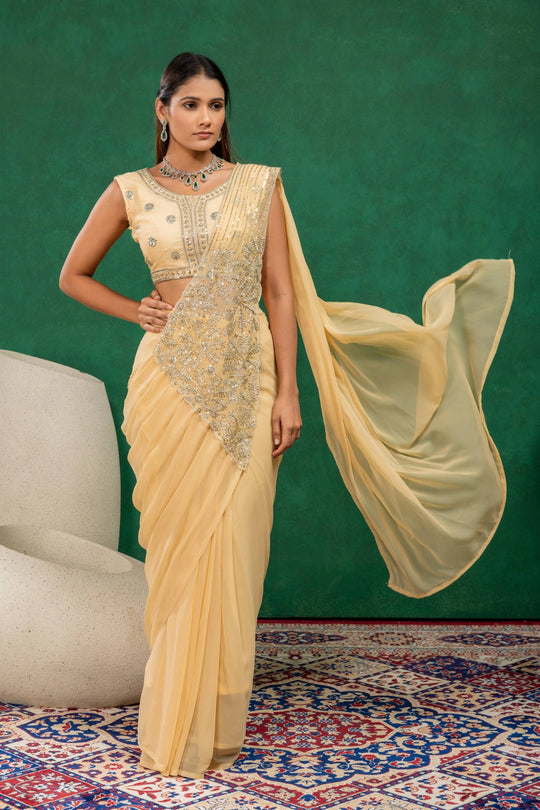 Beige Zari Embroidered With Beads Work Faux Georgette Saree KS394 full front drape