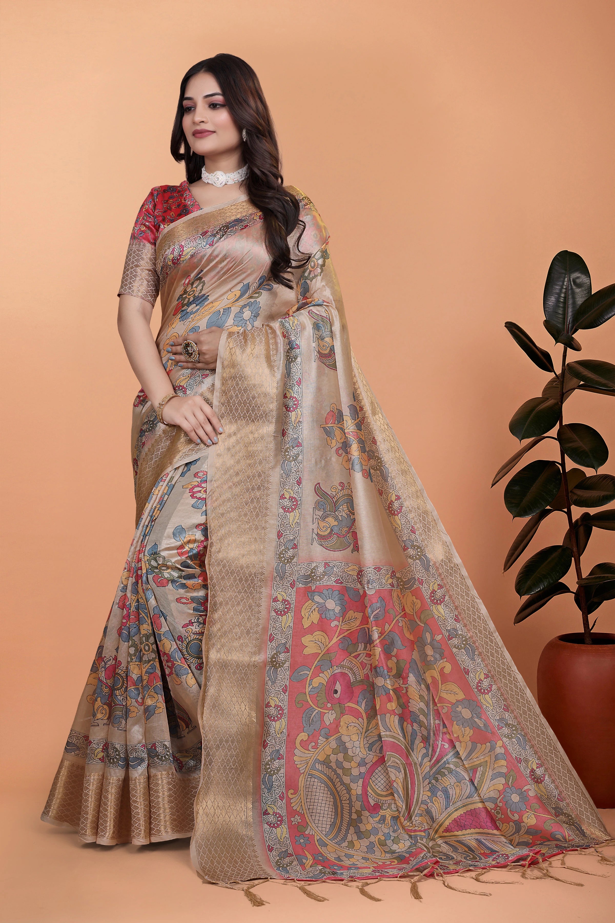Beige Zari Weaving Saree alt front view showing printed pallu – Kalyanja KS361