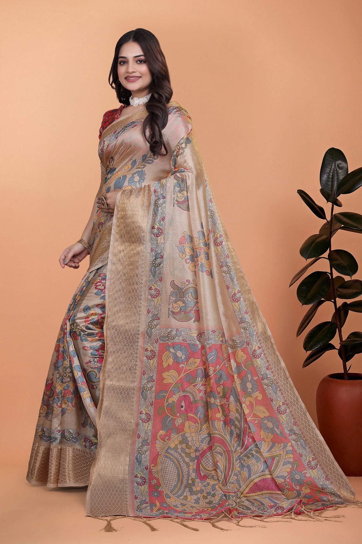 Beige Zari Weaving Saree front drape with zari border – Kalyanja KS361