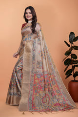Beige Zari Weaving Saree front drape with zari border – Kalyanja KS361